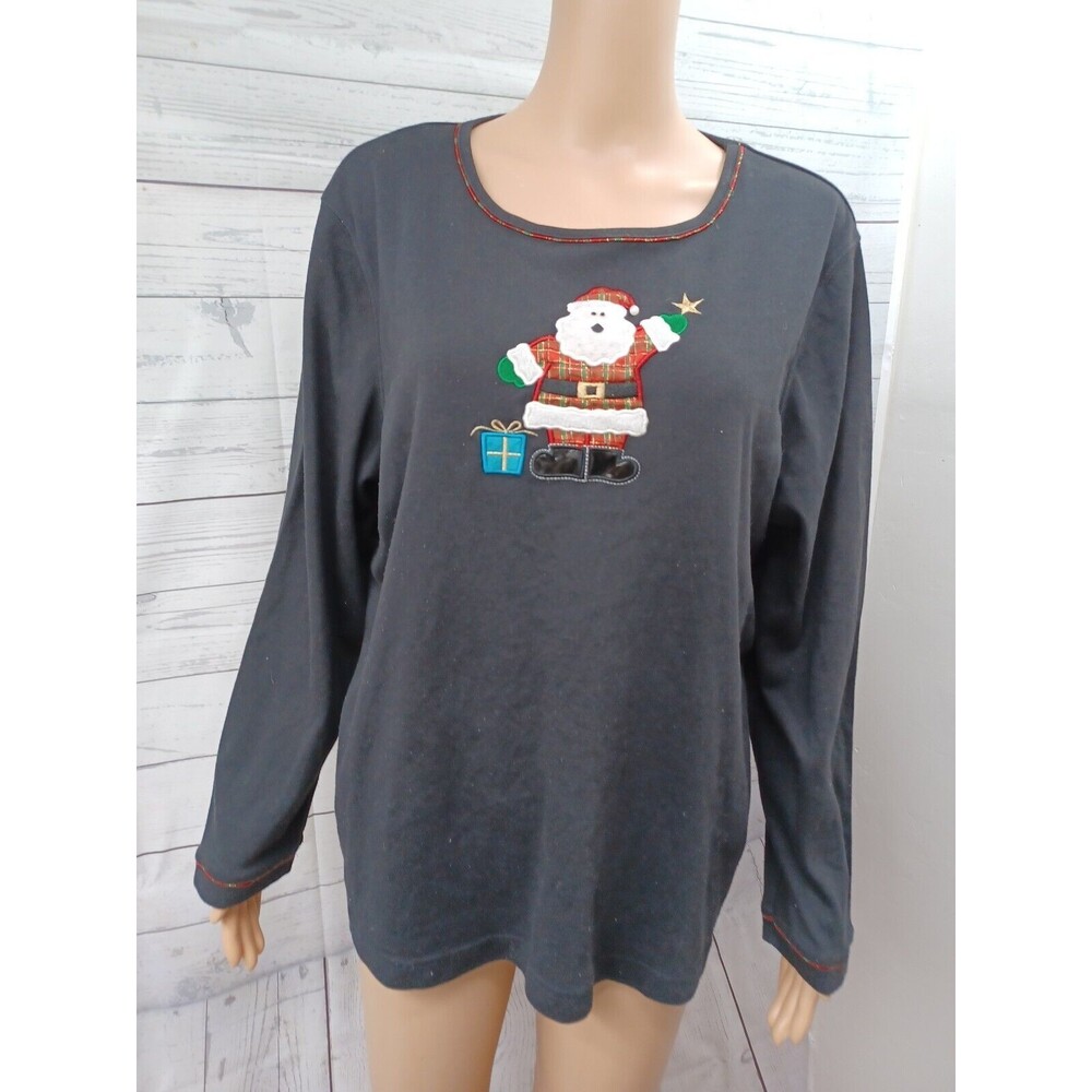 Designers Originals Black Long Sleeve Holiday Themed Shirt Santa Claus XL